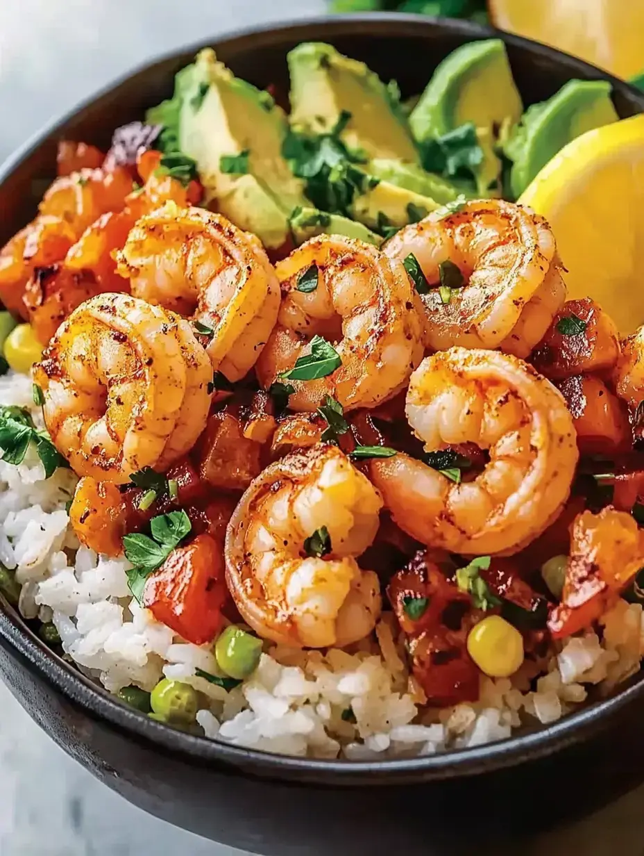 A delicious bowl of shrimp served over rice with diced vegetables and avocado, garnished with fresh herbs and lemon wedges.