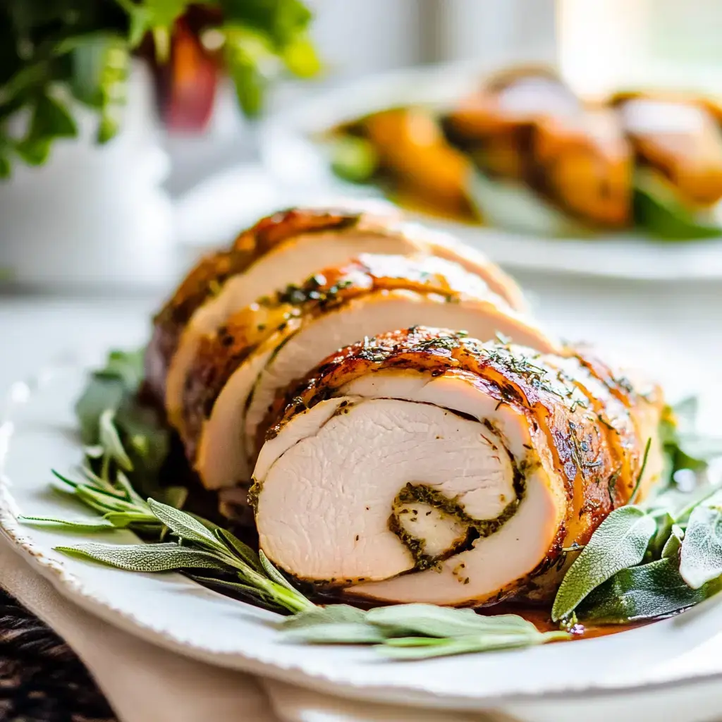 Sliced roast chicken is presented on a platter, garnished with fresh herbs.