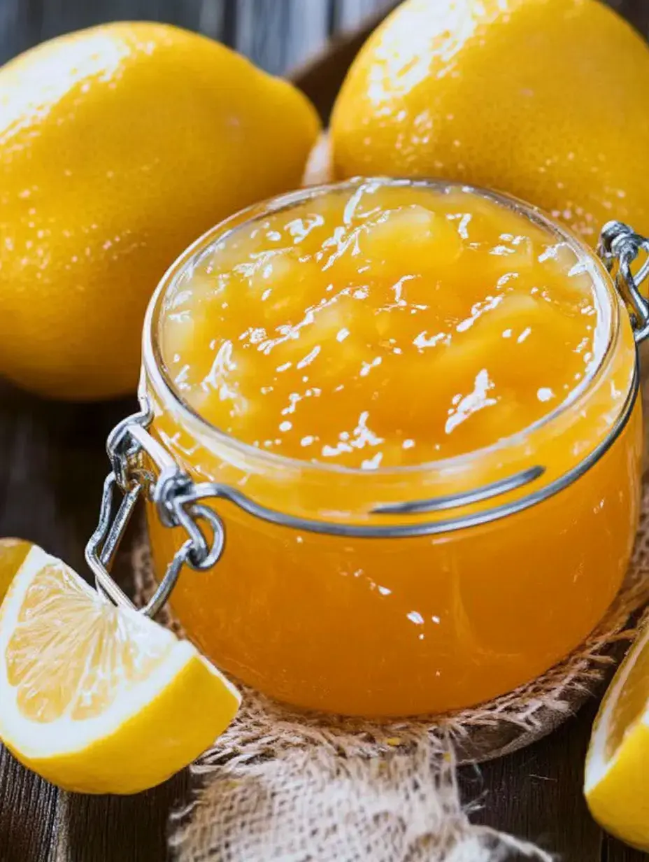 A clear jar of lemon jam is placed on a textured surface, surrounded by whole lemons and a sliced lemon wedge.