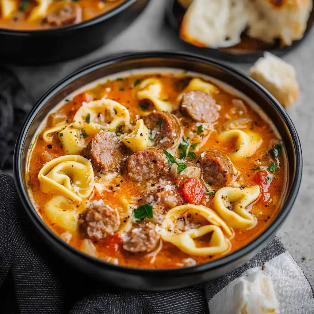 A close-up of a bowl of creamy tortellini soup with sausage, decorated with parsley and accompanied by pieces of bread.