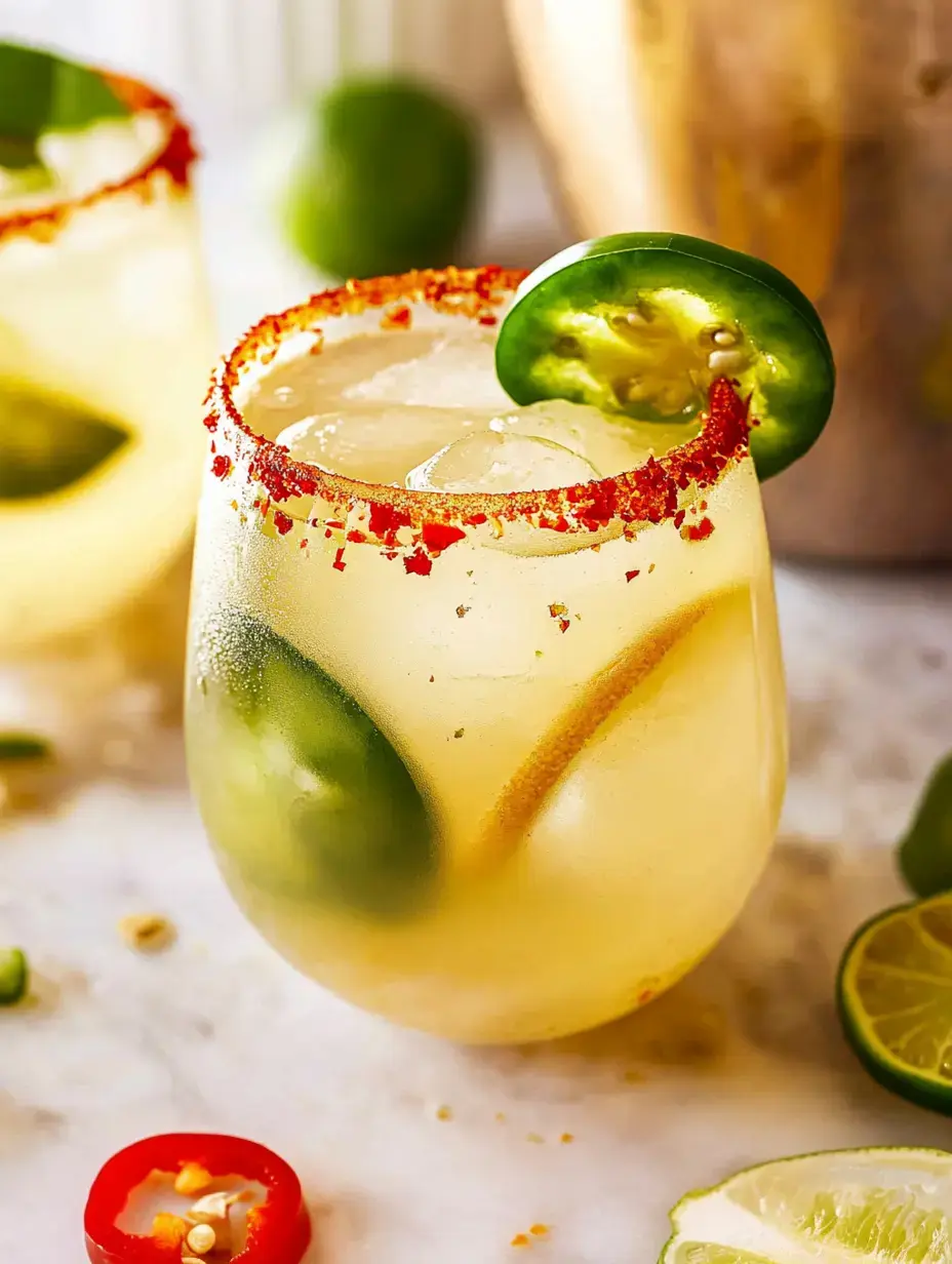 A close-up of a refreshing cocktail with a salted rim, garnished with lime and jalapeño slices, served over ice.