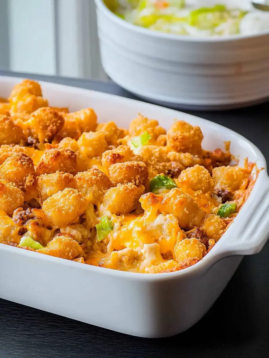 A baked casserole dish filled with golden-brown tater tots, melted cheese, and green onions, served alongside a bowl of soup in the background.