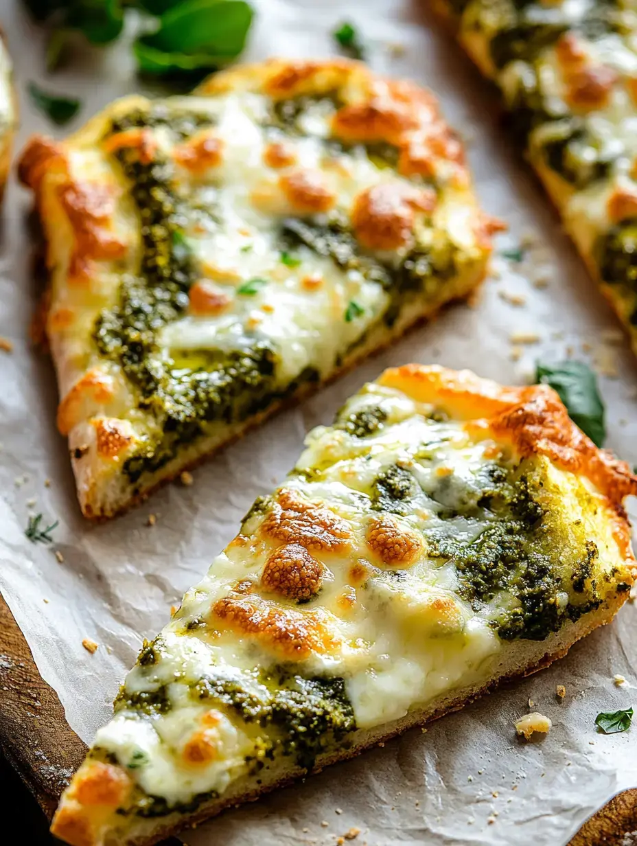 A slice of pizza topped with melted cheese and pesto, resting on parchment paper.