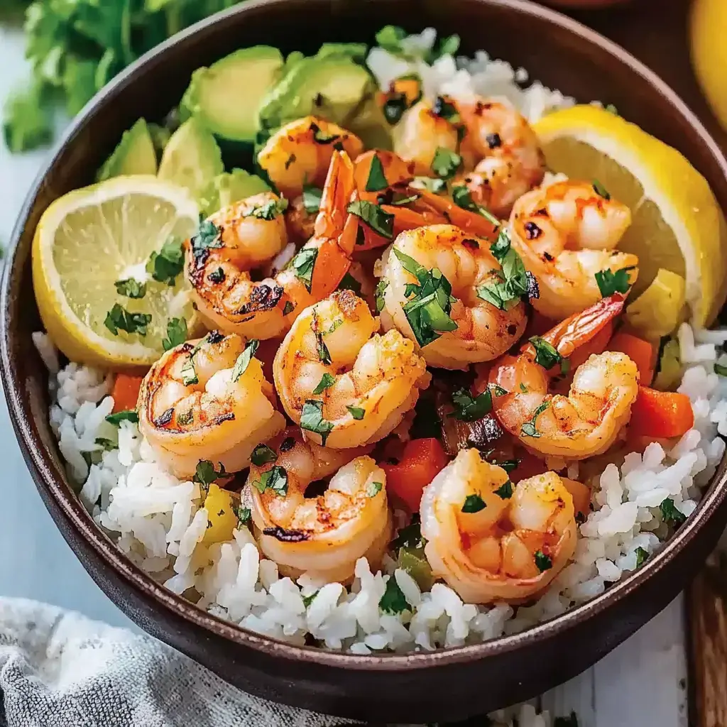 A bowl of white rice topped with grilled shrimp, chopped cilantro, diced vegetables, avocado slices, and lemon wedges.