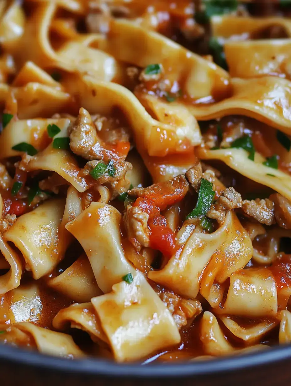 A close-up of a hearty dish featuring wide noodles mixed with ground meat, tomatoes, and herbs in a savory sauce.