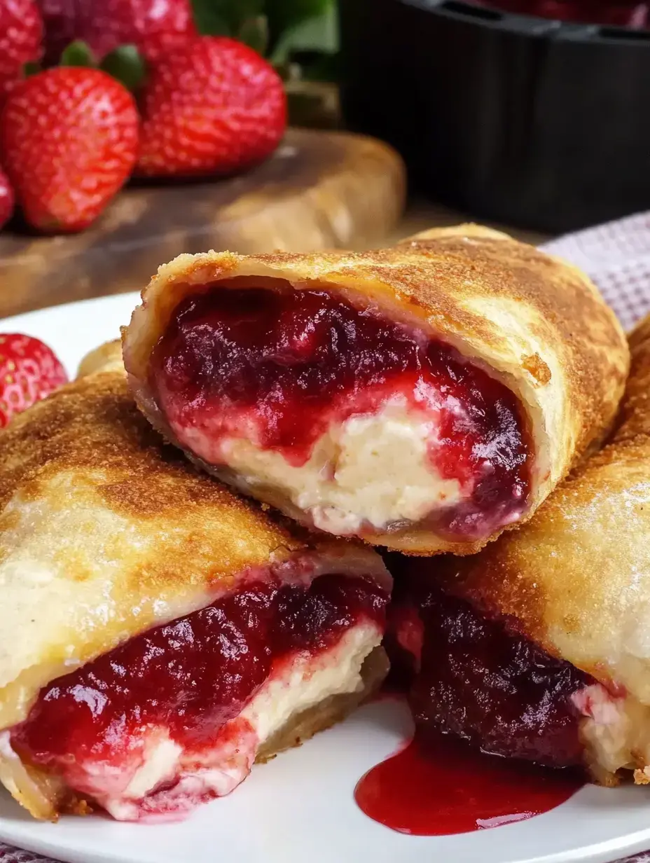 A close-up of three golden-brown pastry rolls filled with a mixture of cream and strawberry jam, sitting on a white plate with fresh strawberries in the background.