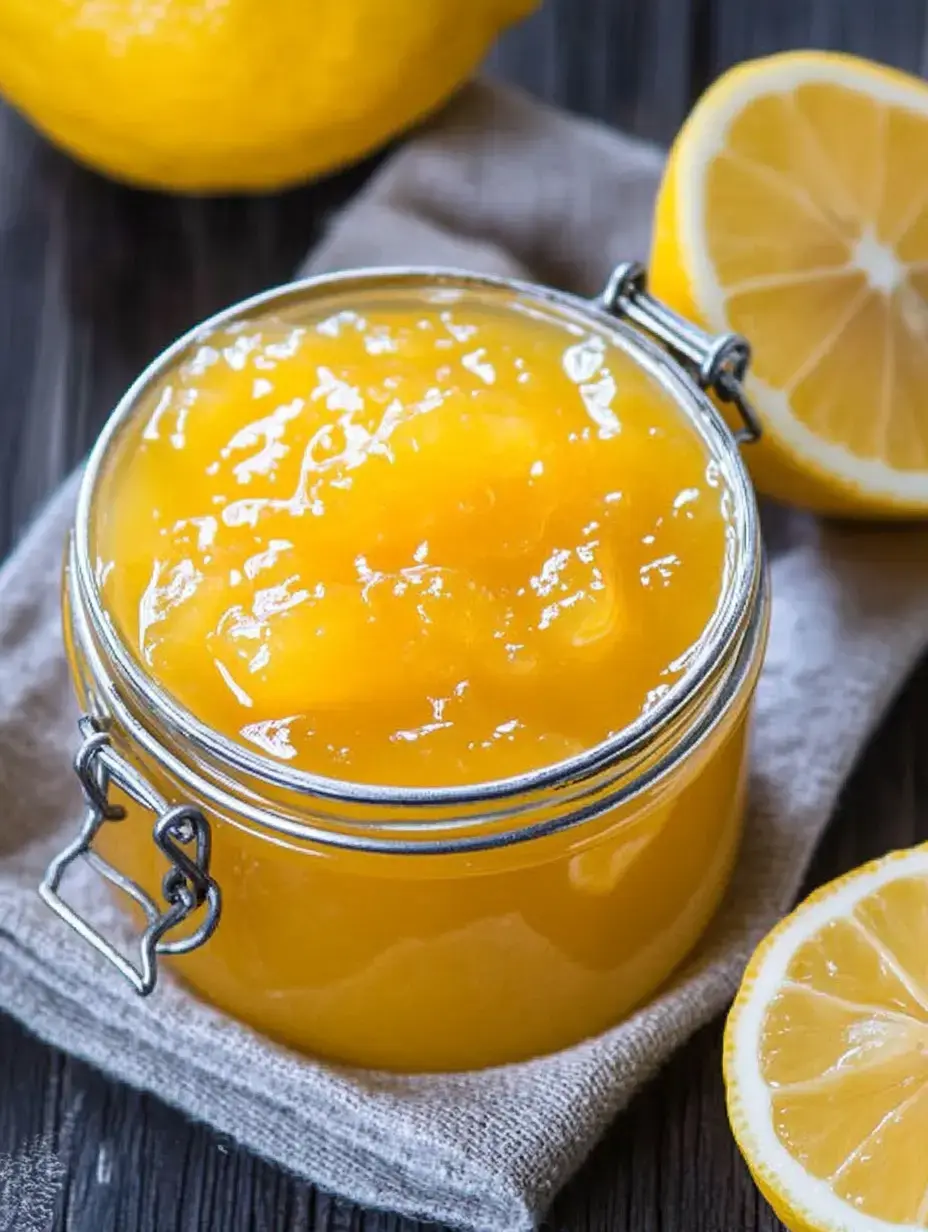 A jar of bright yellow lemon curd is placed on a linen cloth, surrounded by fresh lemons.