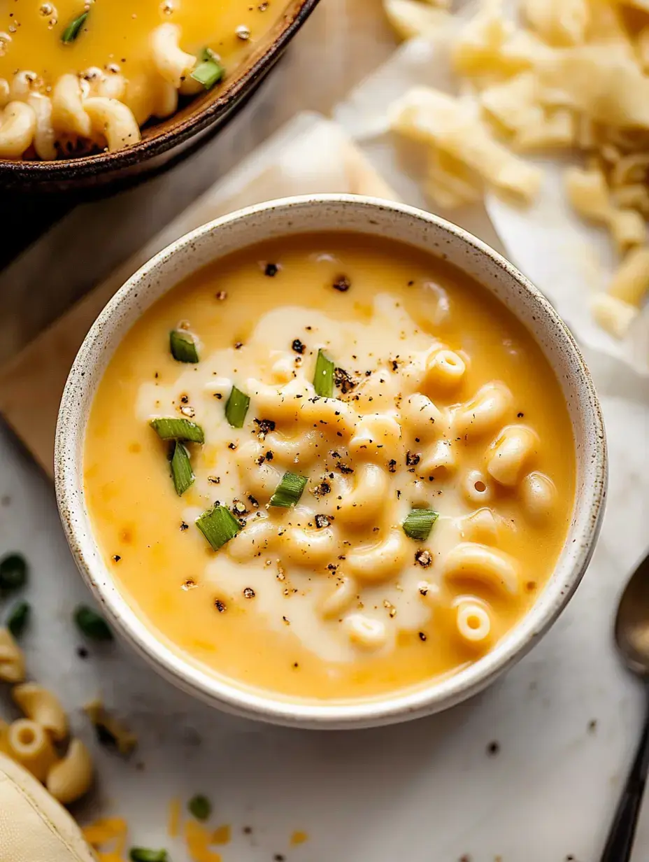 A close-up view of a bowl of creamy macaroni and cheese garnished with black pepper and chopped green onions, with another bowl and pasta pieces in the background.