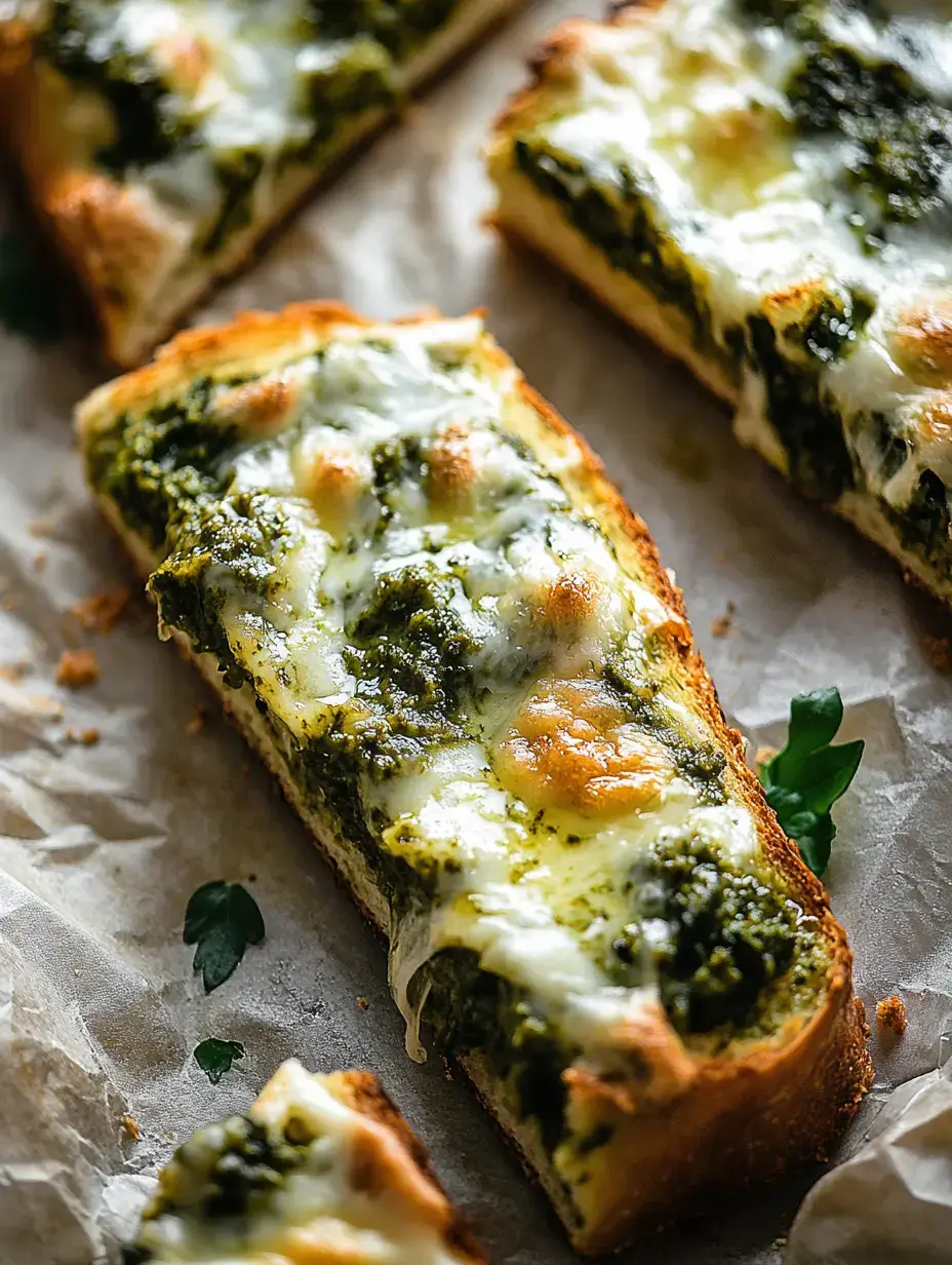 A close-up of toasted bread topped with melted cheese and a vibrant green pesto spread, garnished with fresh parsley.