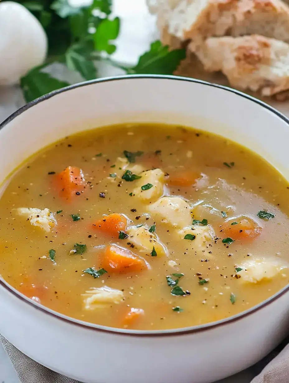 A bowl of hearty soup with diced carrots and pieces of dumplings, garnished with parsley, accompanied by slices of bread and fresh parsley in the background.