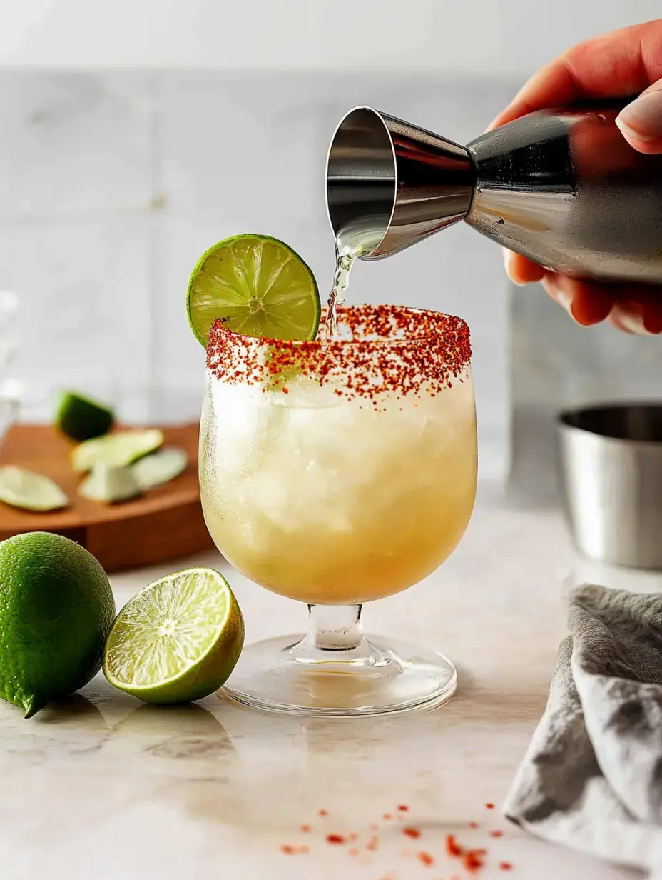 A hand is pouring a clear liquid into a frosted glass with a red rim and a lime garnish, alongside halved limes on a marble countertop.