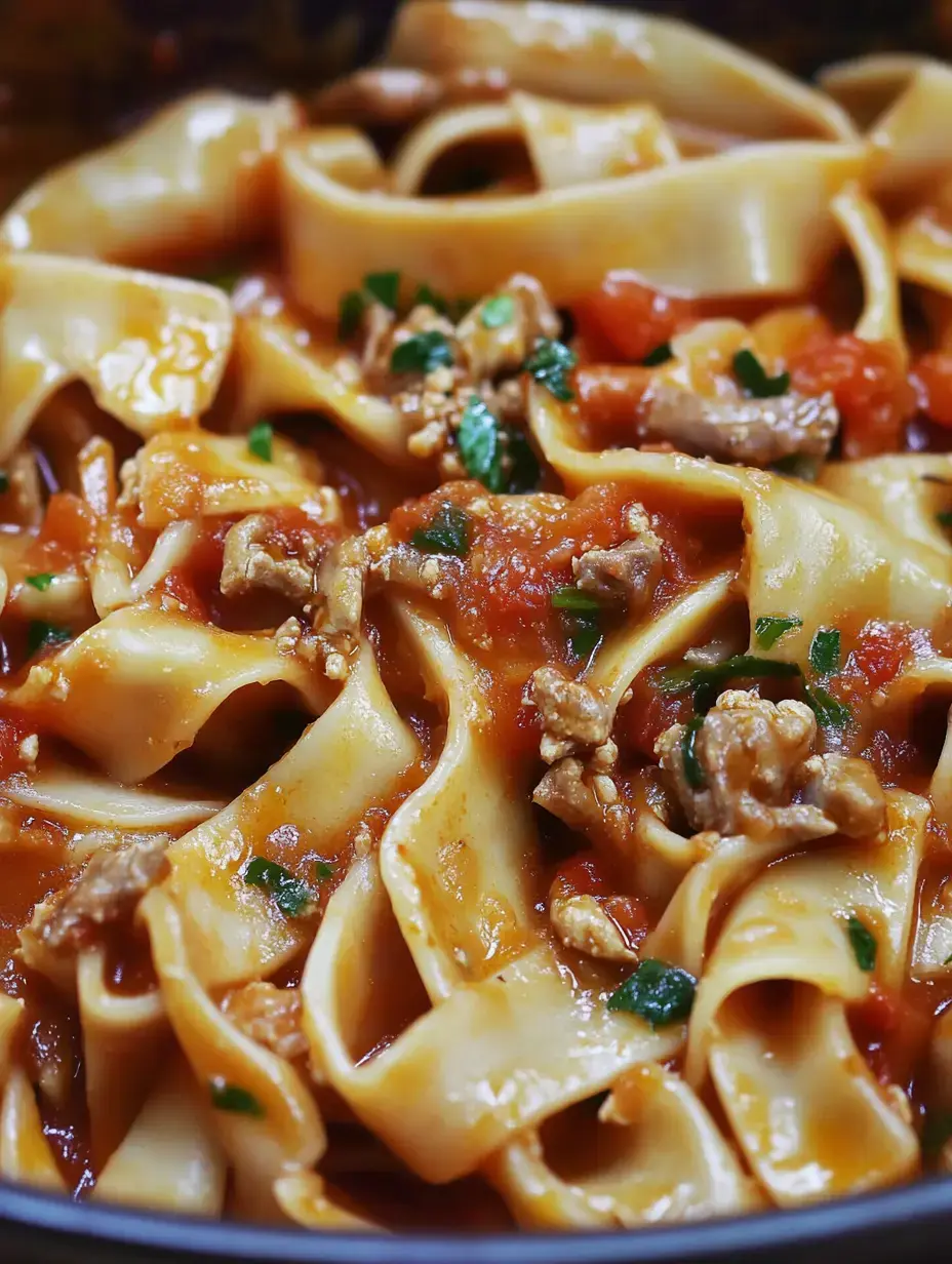 A close-up of creamy pasta ribbons mixed with a savory meat and tomato sauce, garnished with chopped herbs.