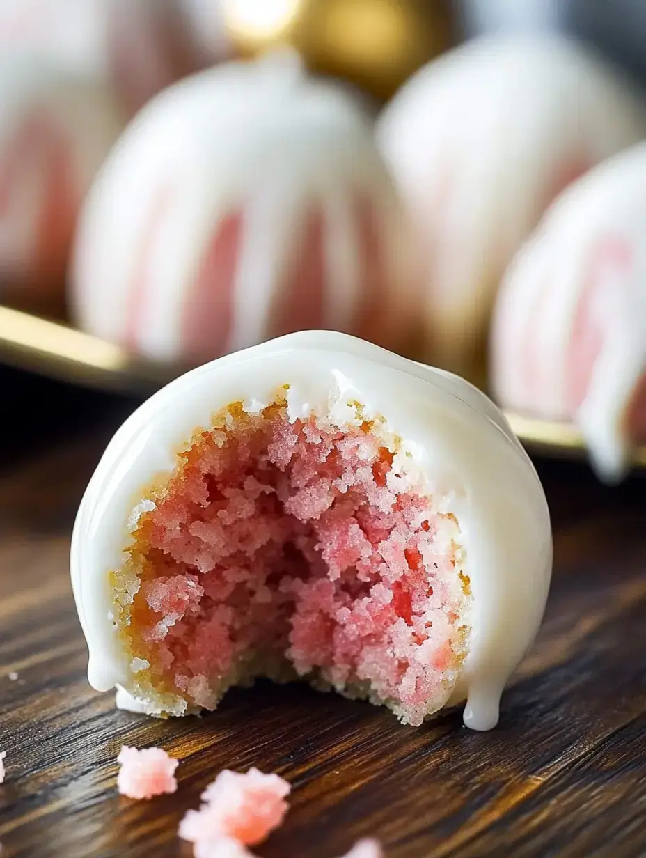 A close-up of a white chocolate-coated dessert with a pink center, partially bitten, resting on a wooden surface.