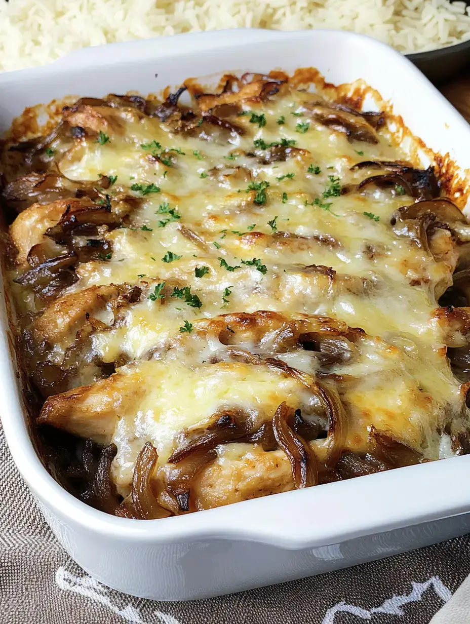 A creamy chicken and mushroom casserole topped with melted cheese and garnished with parsley, served in a white baking dish.