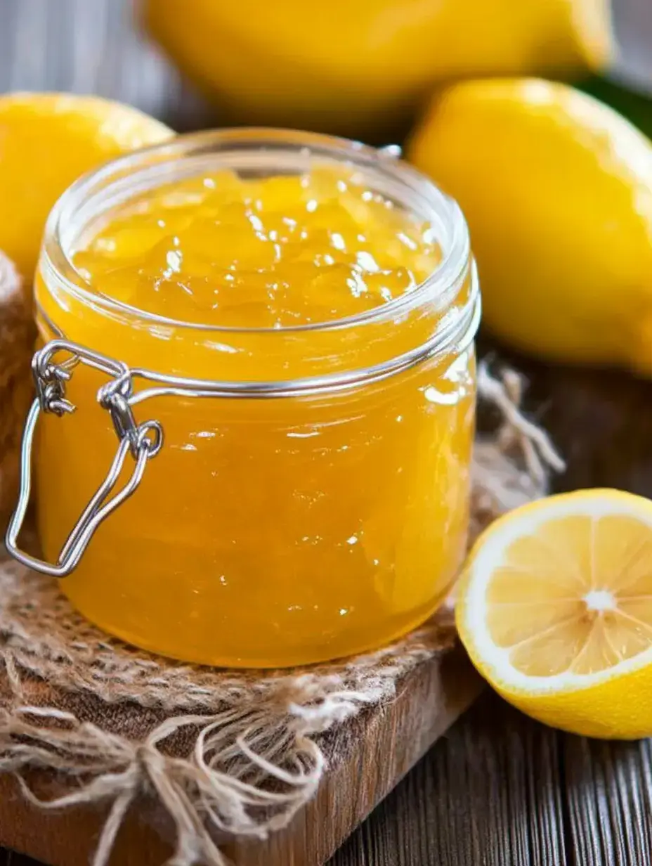 A jar of lemon jam sits on a wooden board, surrounded by fresh lemons and adorned with a natural burlap cloth.