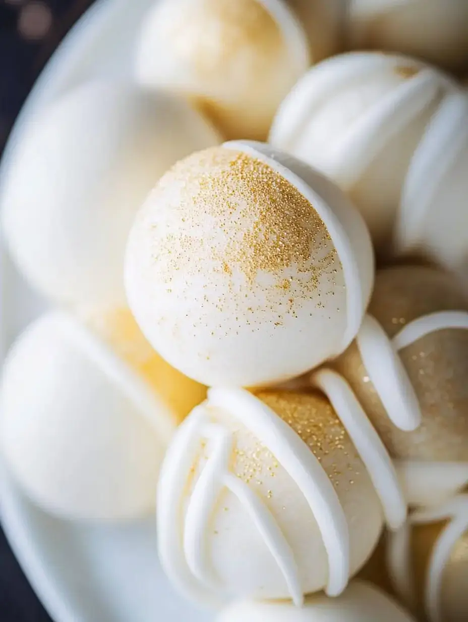 A close-up of decorative white cake balls topped with golden shimmer and white icing.