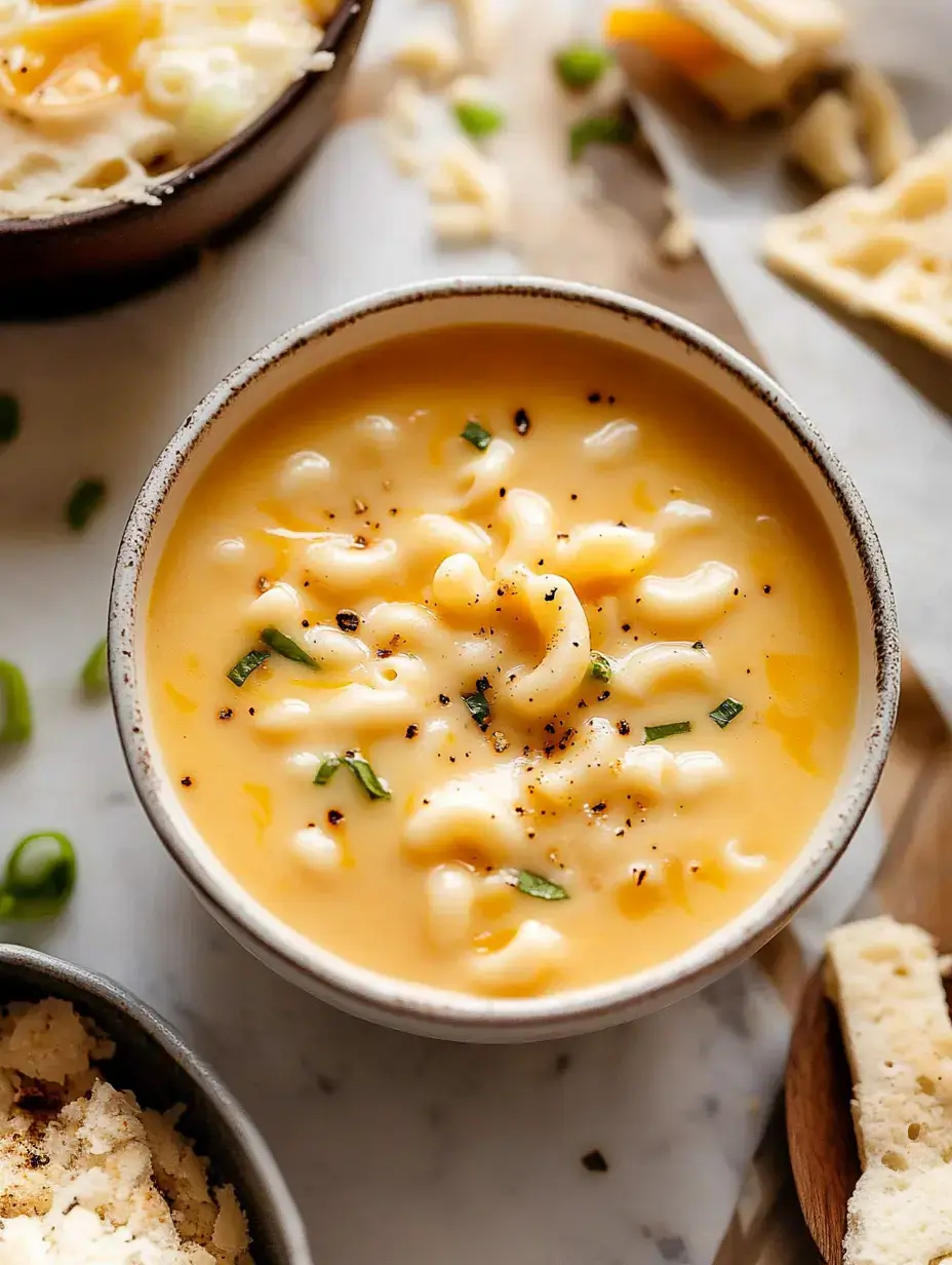 A bowl of creamy macaroni and cheese topped with green onions and black pepper, surrounded by additional cheese and bread slices.