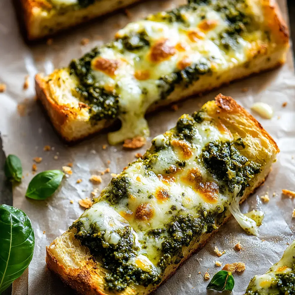 Three pieces of toasted bread are topped with melted cheese and pesto, arranged on a parchment-lined surface with fresh basil leaves nearby.