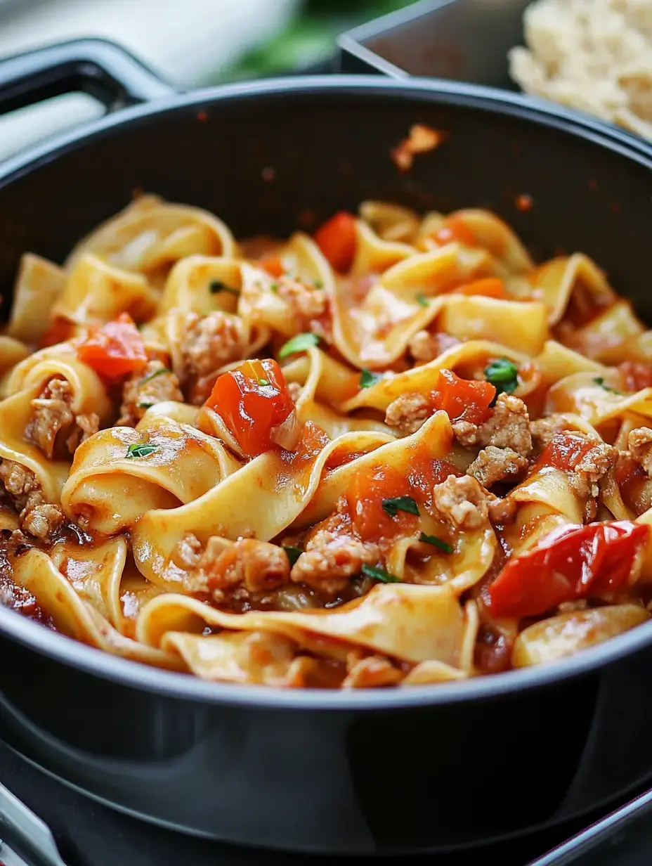 A close-up of a pot filled with pasta noodles, ground meat, tomatoes, and herbs in a savory sauce.