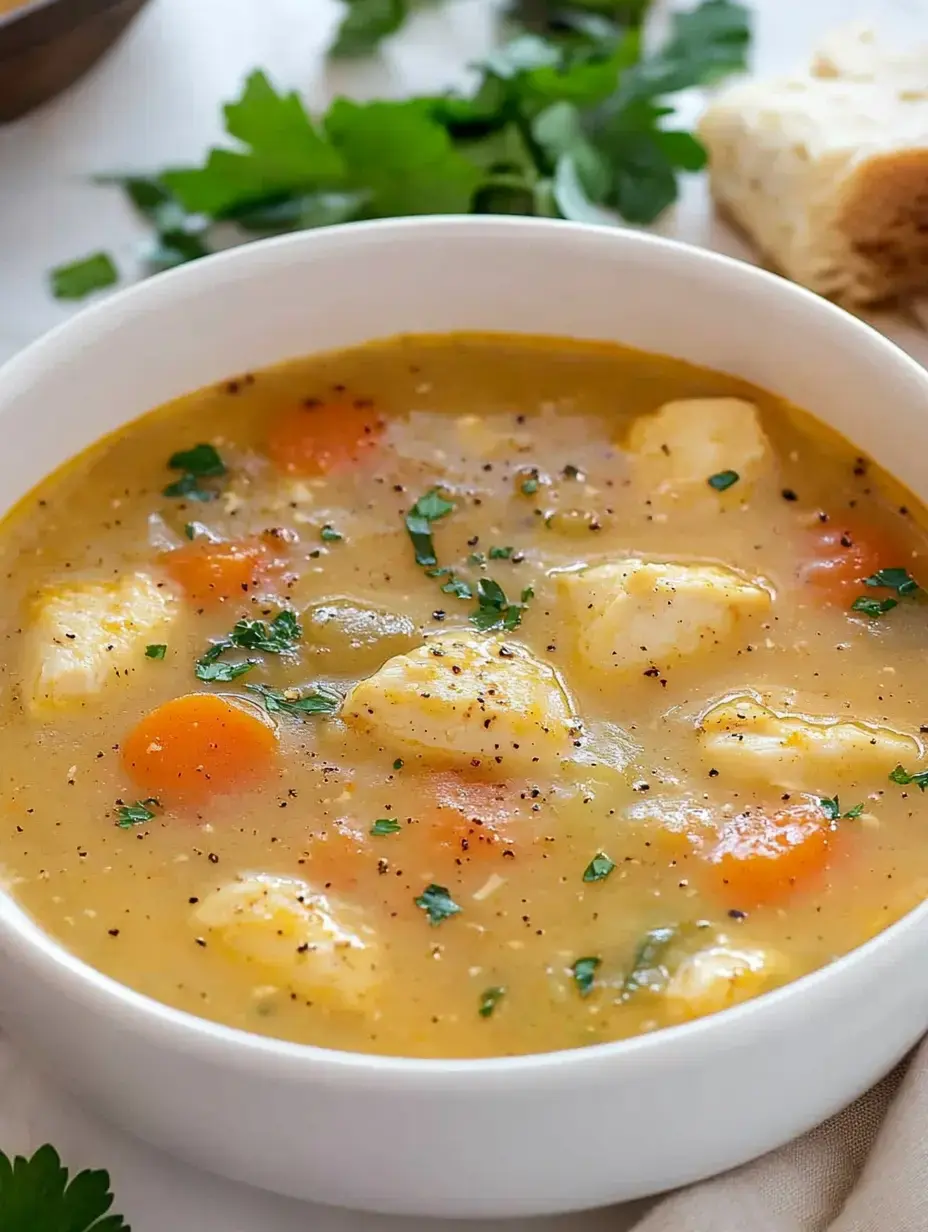 A bowl of hearty soup filled with dumplings, carrots, and garnished with parsley.