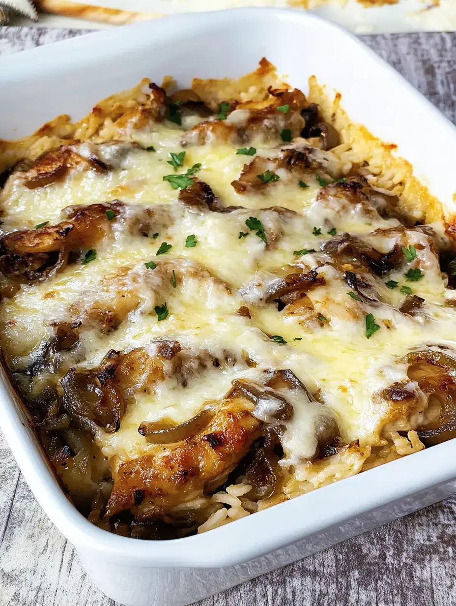 A baked dish featuring rice topped with melted cheese, sautéed onions, and pieces of chicken, garnished with parsley.