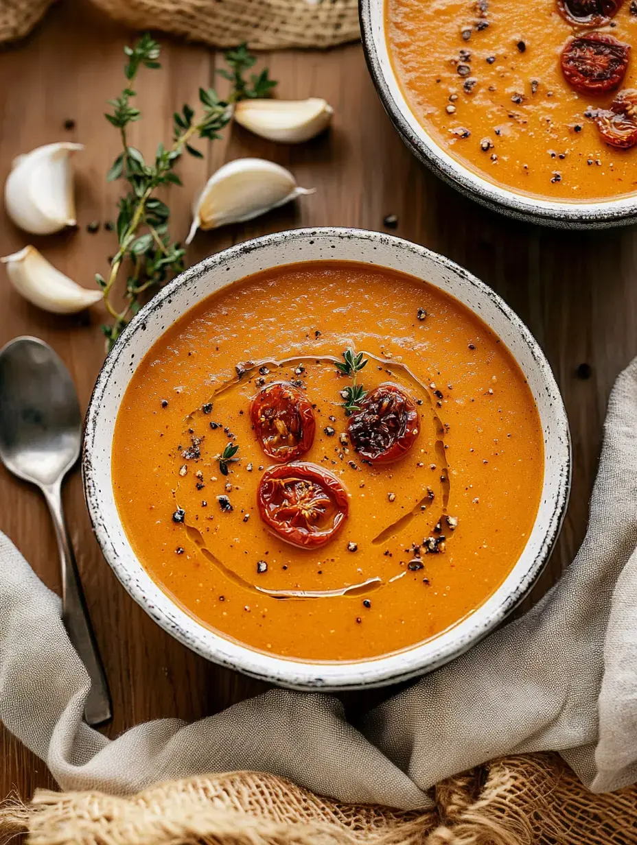 A close-up view of a bowl of creamy tomato soup garnished with dried tomatoes, black pepper, and thyme, accompanied by garlic cloves and a spoon on a wooden surface.