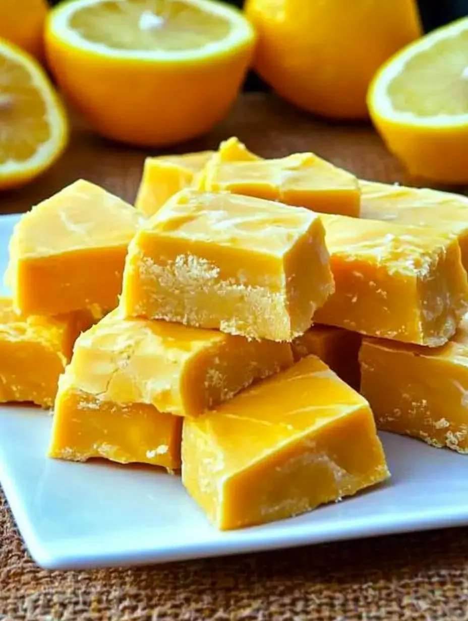 A plate of lemon fudge squares is in the foreground, with halved lemons in the background.