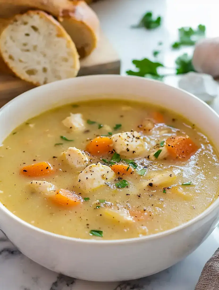 A bowl of hearty soup with chicken, carrots, and herbs, accompanied by sliced bread in the background.