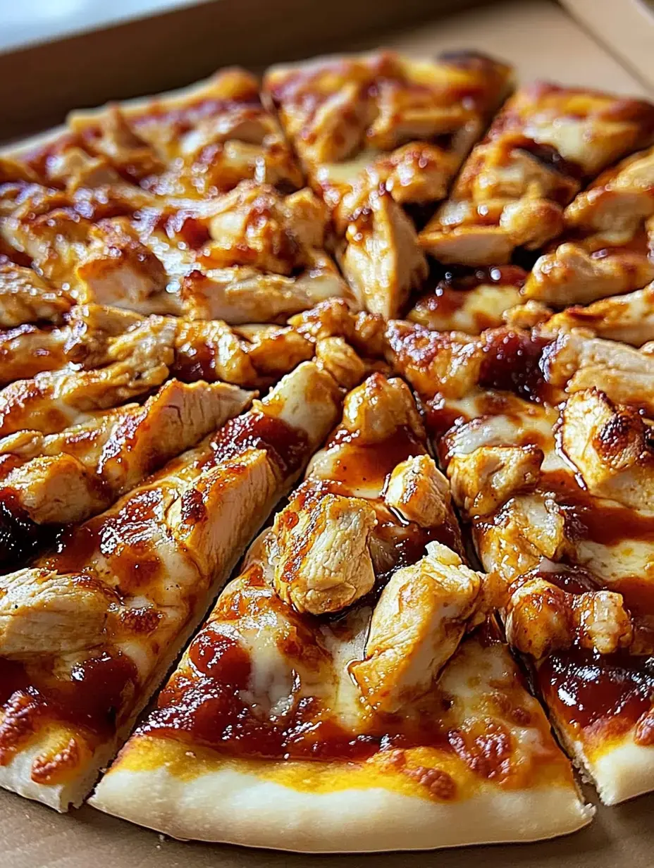 A close-up of a sliced pizza topped with pieces of grilled chicken and barbecue sauce.