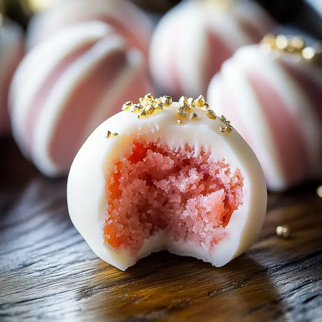 A close-up of a white and pink dessert with a bite taken out, revealing a pink, crumbly interior and topped with gold sprinkles.