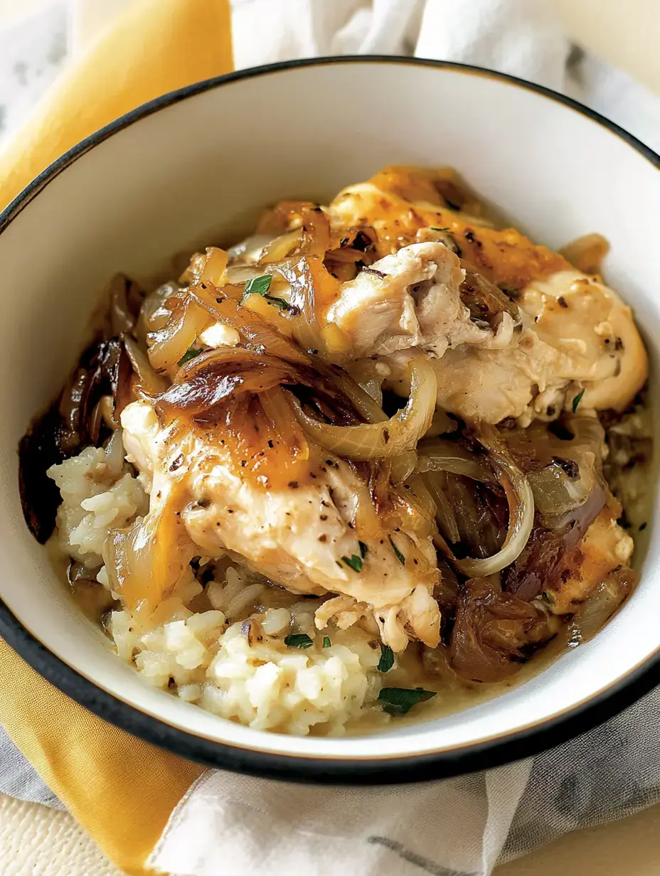 A bowl of chicken with caramelized onions served over rice, garnished with herbs.