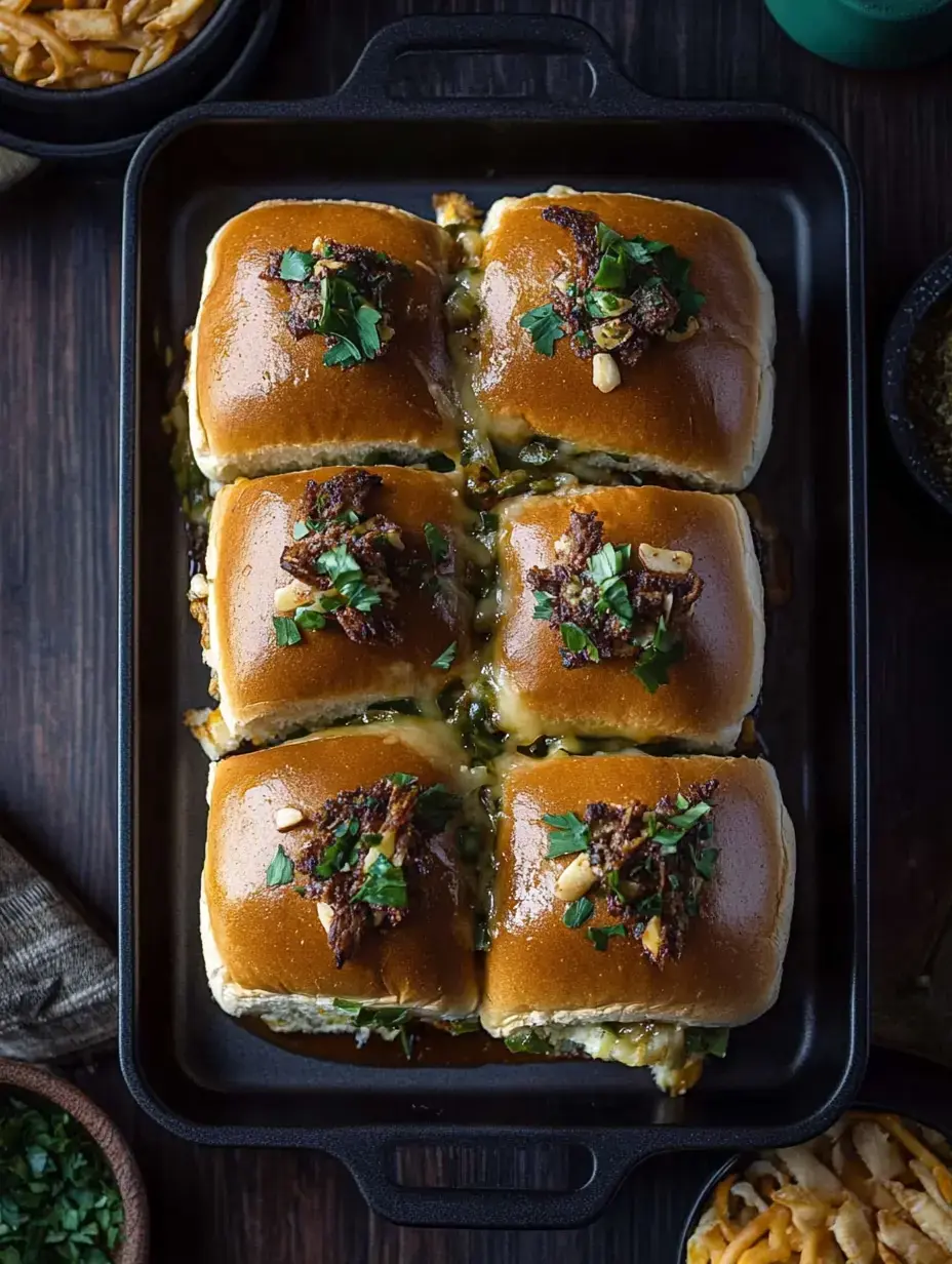 A tray of six cheesy sliders topped with herbs and garnished with crunchy bits, accompanied by a side of noodles.