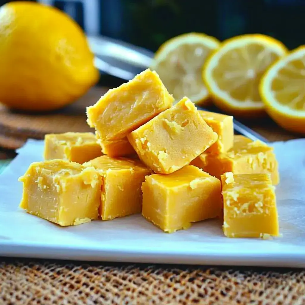 A stack of lemon fudge squares is displayed on a white plate, with fresh lemons in the background.