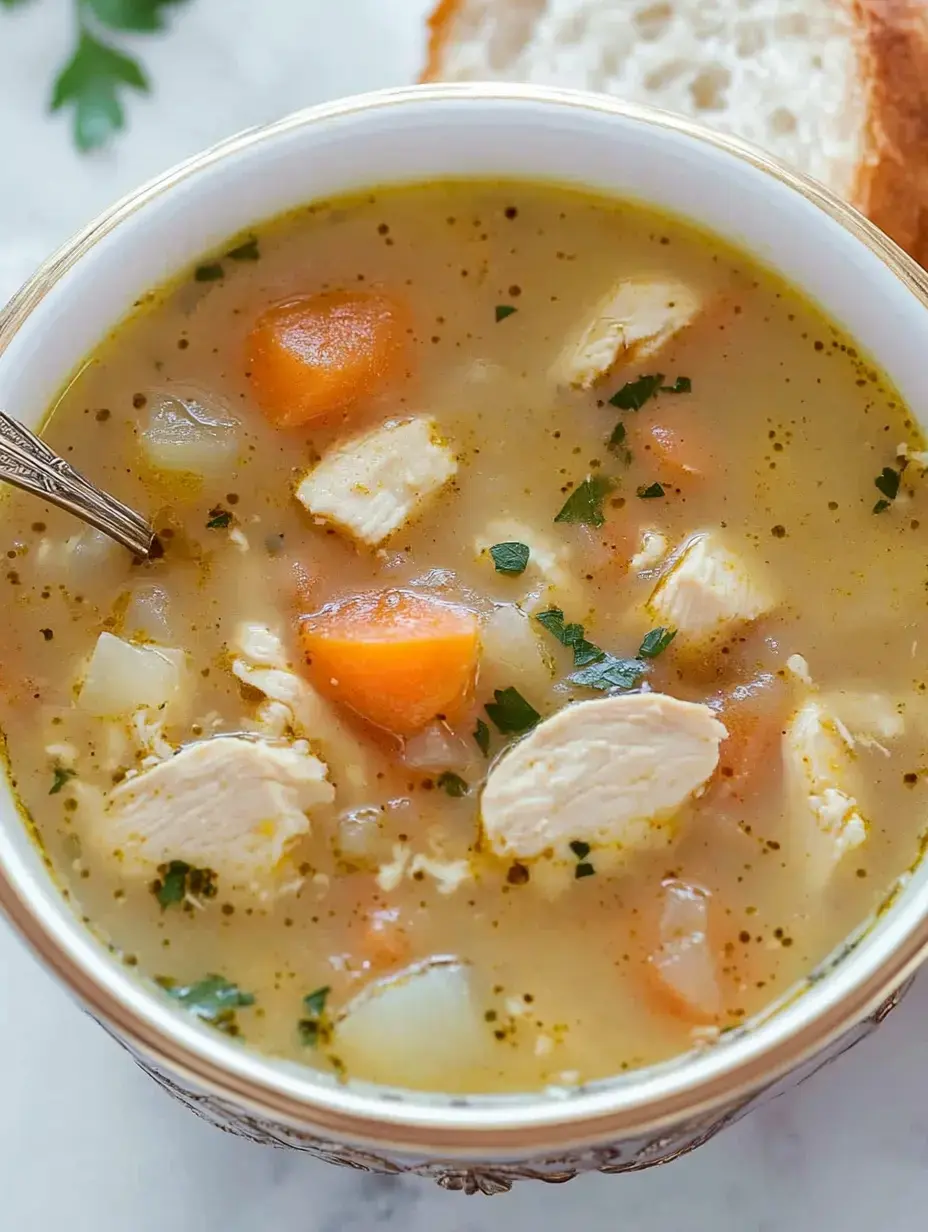 A close-up of a bowl of hearty chicken soup with carrots, potatoes, and herbs, accompanied by a piece of bread.