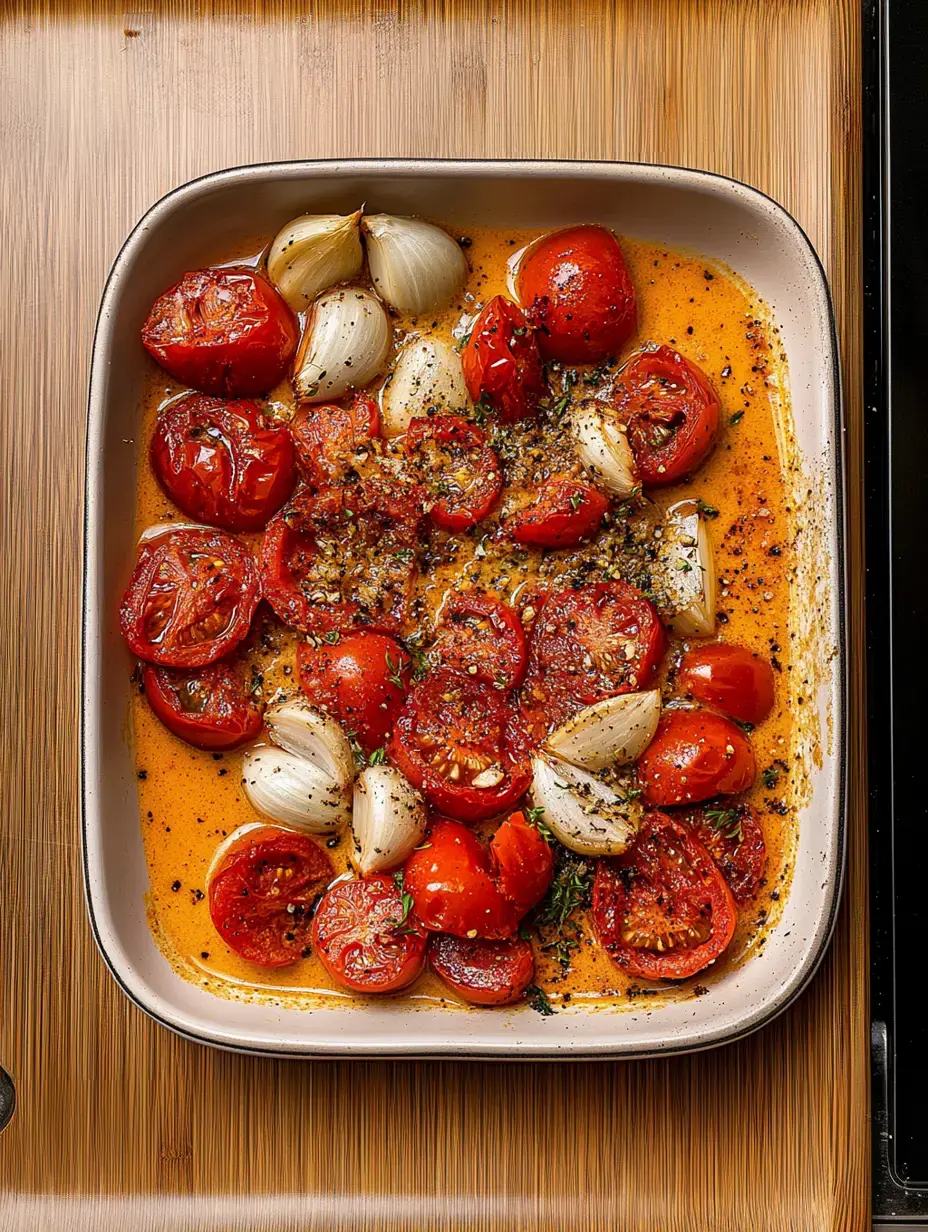 A baking dish with roasted tomatoes and onions seasoned with herbs and spices.