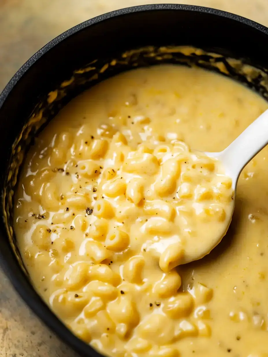 A close-up view of creamy macaroni and cheese in a black pot, with a spoonful lifted out.