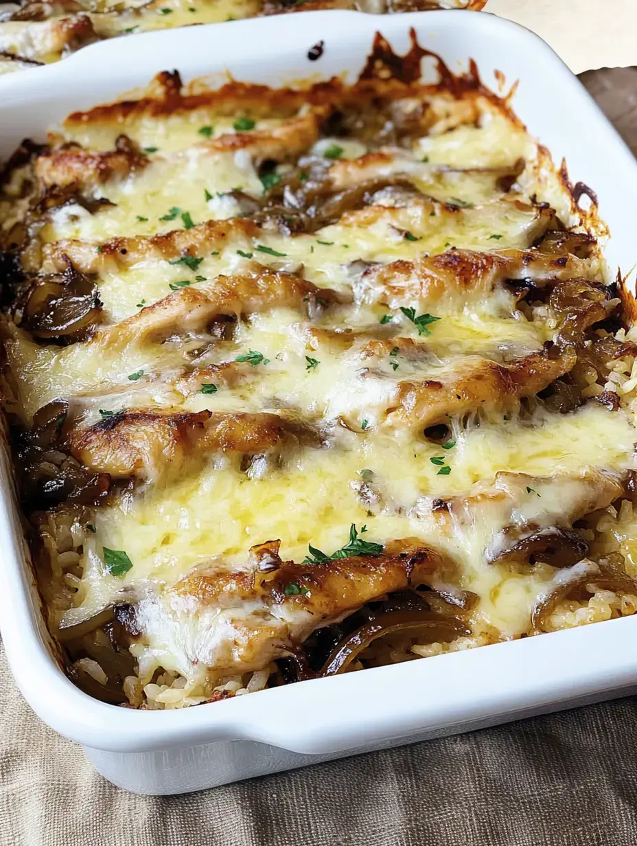 A close-up of a baked dish featuring layers of tender chicken, melted cheese, sautéed onions, and rice, garnished with fresh parsley.