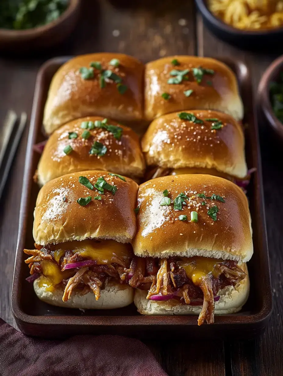 A platter of six pulled pork sliders topped with cheese and green onions on lightly toasted buns.