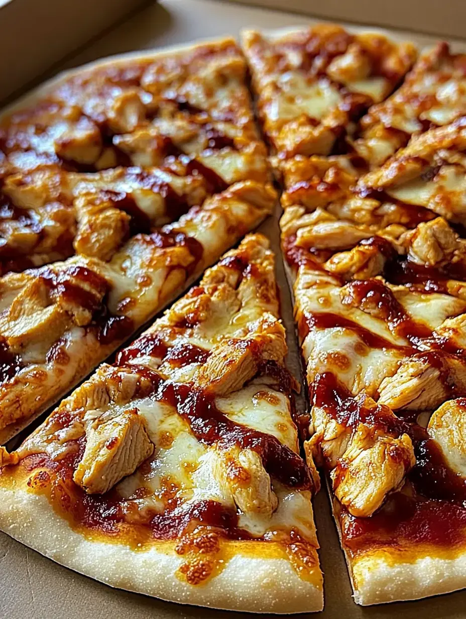 A close-up image of pizza slices topped with grilled chicken and barbecue sauce, arranged in a pizza box.