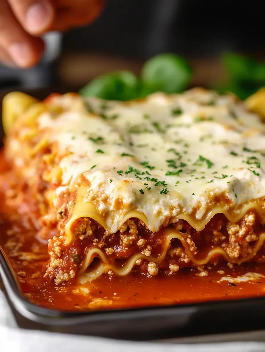 A close-up of a deliciously layered lasagna topped with melted cheese and herbs, placed on a dark plate with a background of fresh basil leaves.