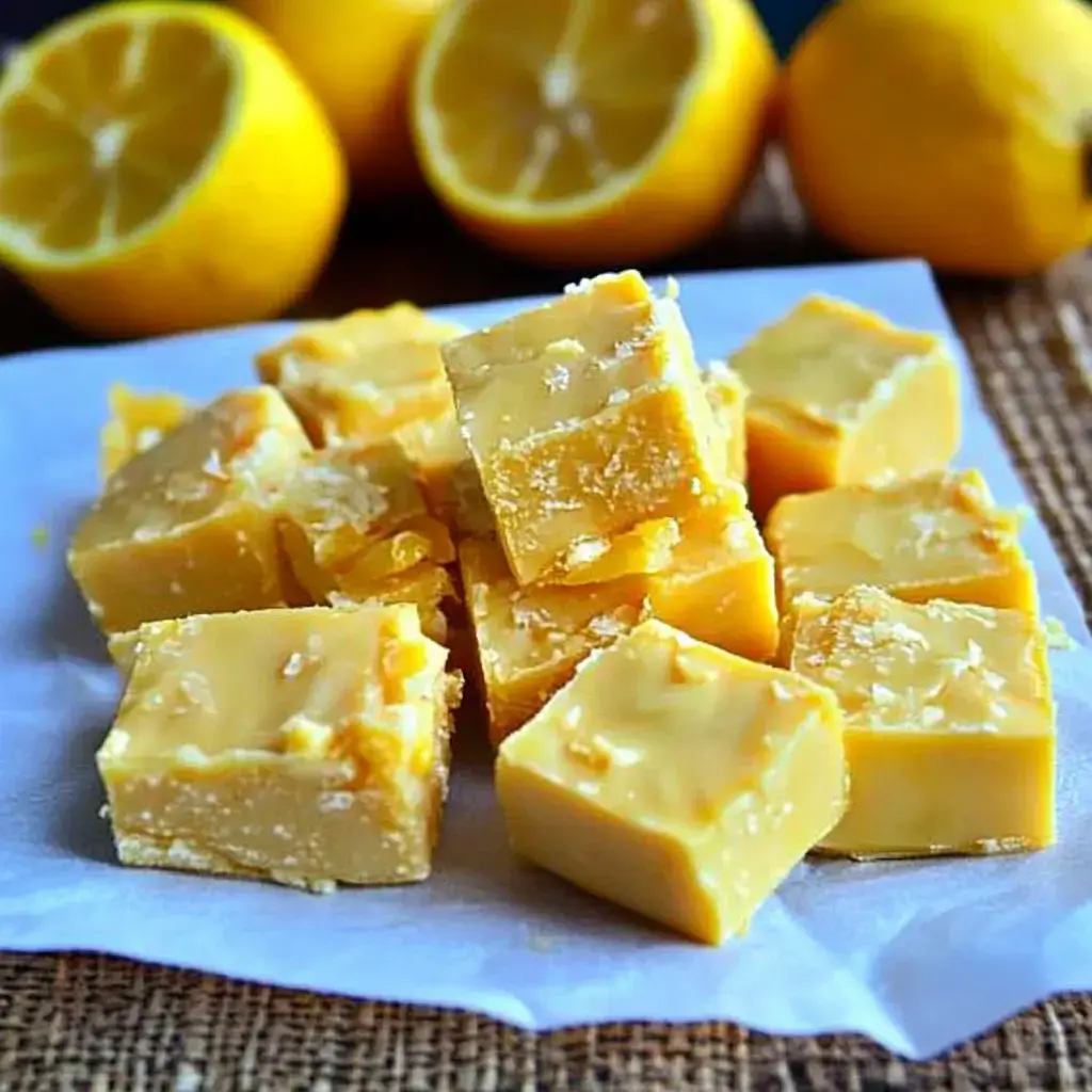 A pile of lemon fudge squares is arranged on a white paper, with whole and halved lemons in the background.