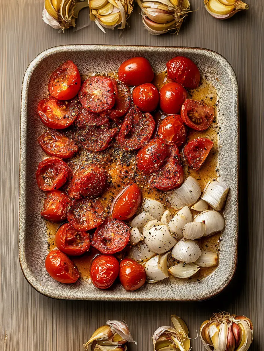 A baking dish filled with roasted tomatoes and onions, seasoned with spices, surrounded by whole garlic cloves.