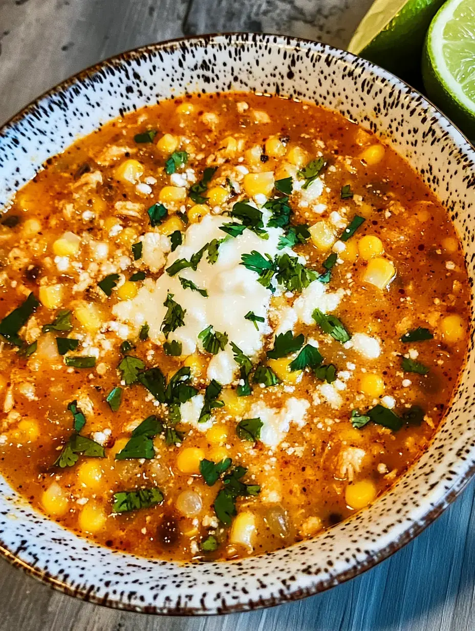 A bowl of vibrant corn soup topped with cilantro, crumbled cheese, and a dollop of sour cream, with lime wedges beside it.