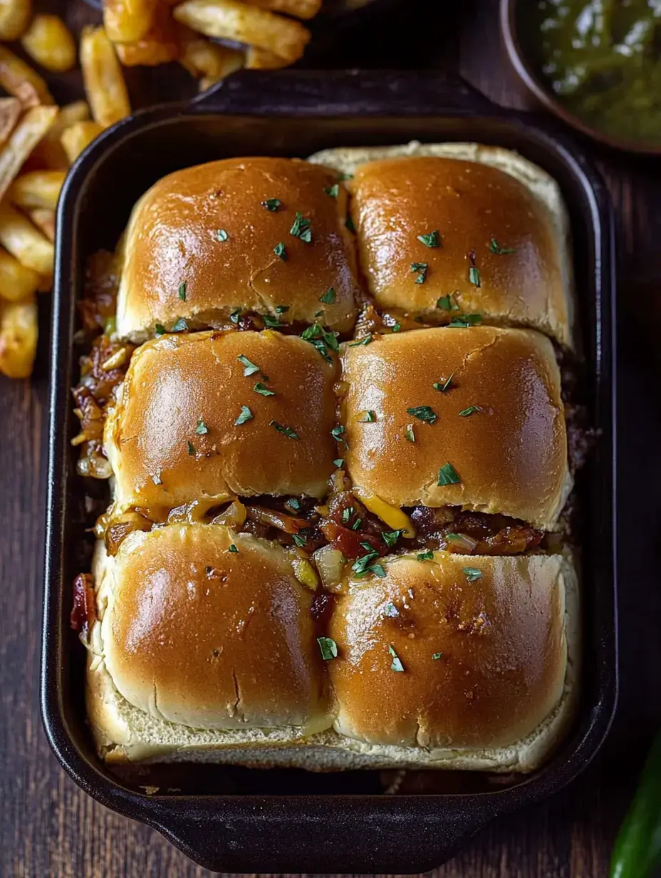 A baking dish holds a set of four golden-brown sliders topped with chopped herbs, alongside a serving of fries and a small bowl of green sauce.