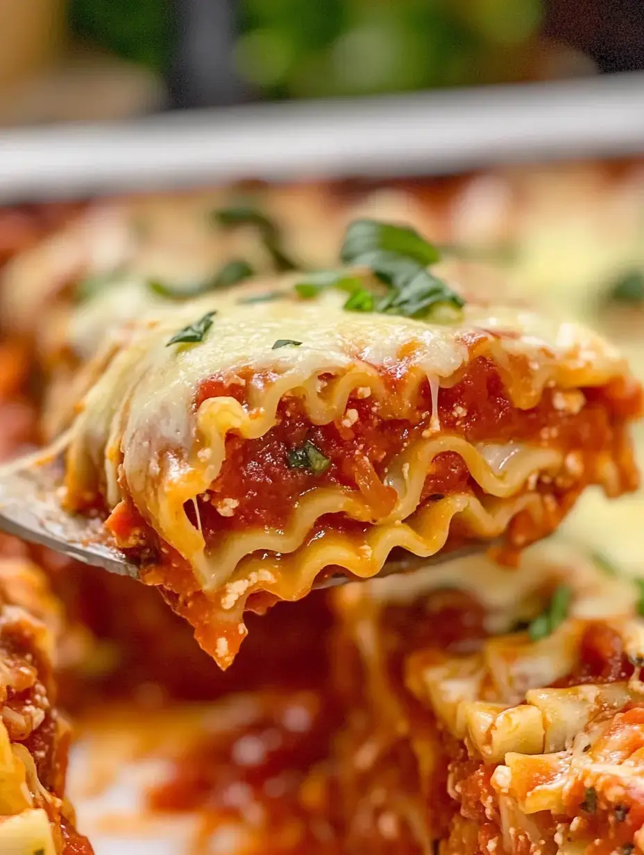 A fork holds a slice of lasagna, revealing layers of pasta, cheese, and marinara sauce, garnished with fresh herbs.