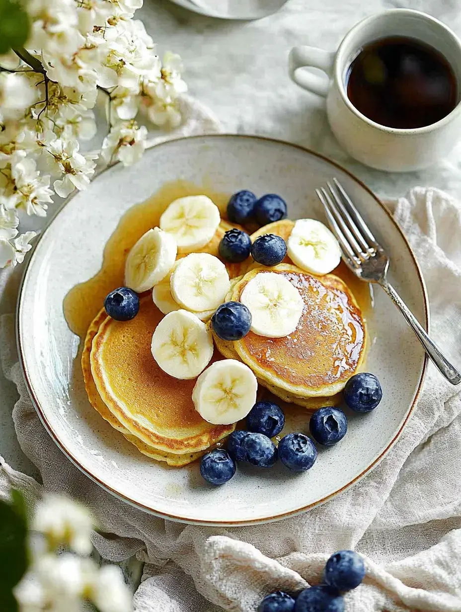 A plate of fluffy pancakes topped with banana slices and blueberries, drizzled with syrup, next to a cup of coffee and fresh flowers.