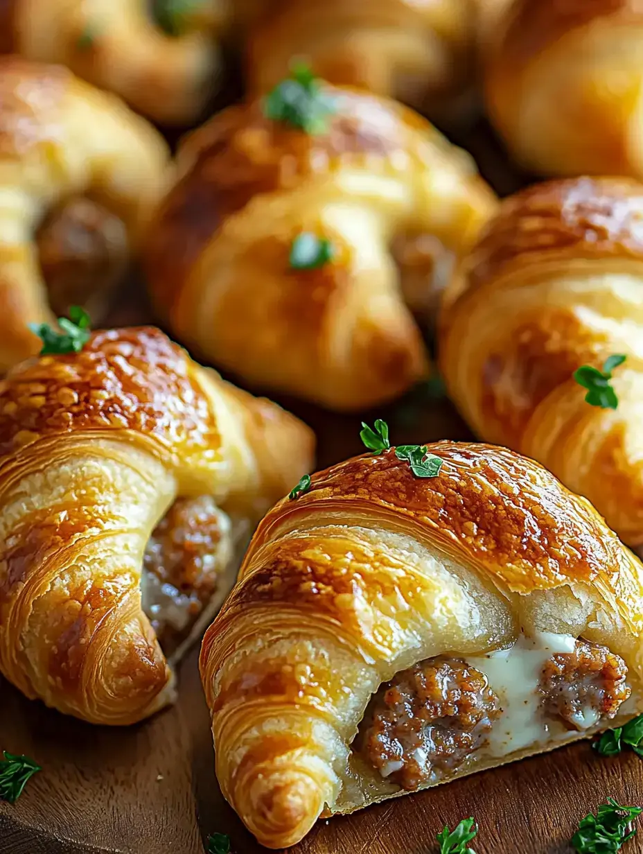 A close-up of golden-brown croissants filled with savory sausage and cheese, garnished with small green herbs.