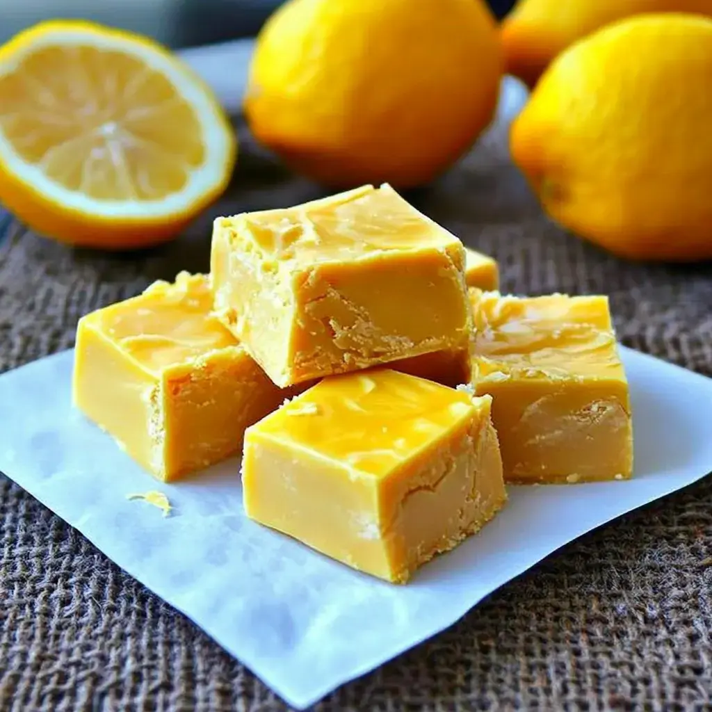 A stack of lemon fudge squares is displayed on a white paper, with whole lemons and a halved lemon in the background.