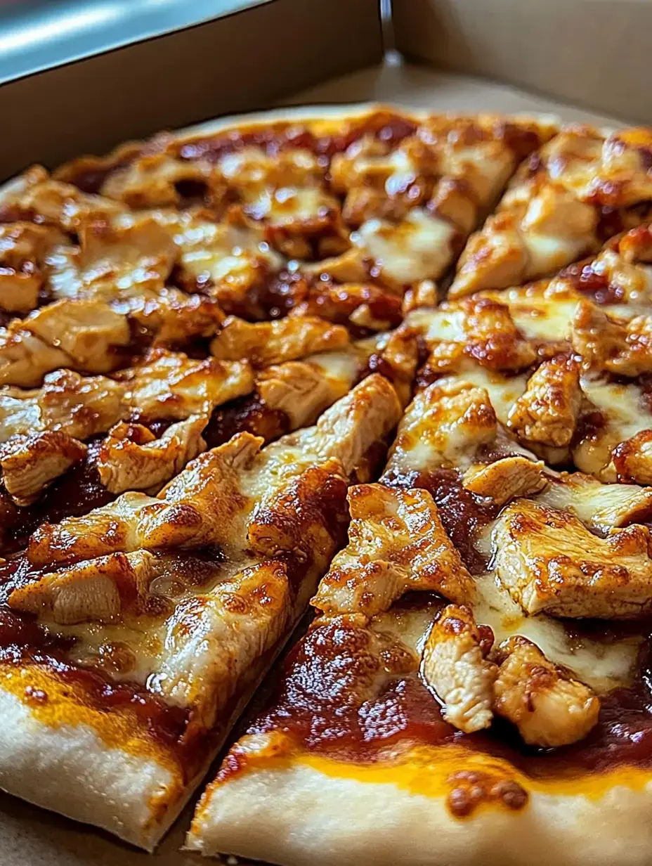 A close-up of a pizza featuring melted cheese, barbecue sauce, and chunks of chicken, with several slices cut and arranged in a pizza box.