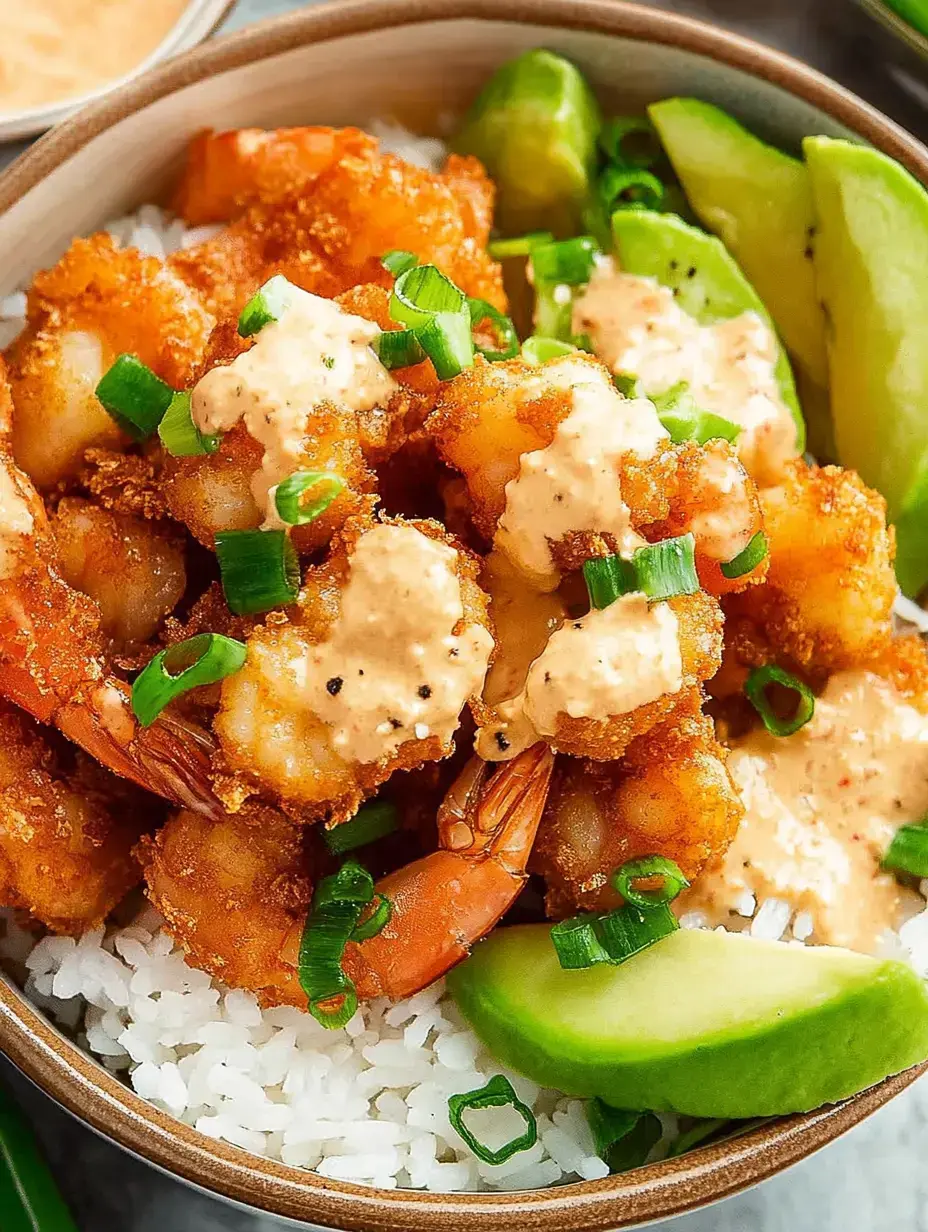 A bowl of fried shrimp served over white rice, topped with green onions and a creamy sauce, accompanied by slices of green avocado.